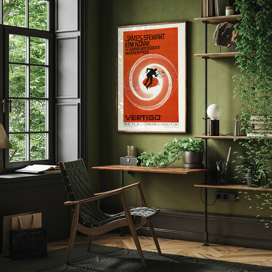Vertigo movie poster by Saul Bass featuring vibrant orange background swirling spiral and silhouetted figures graphic design, framed and displayed in home decor