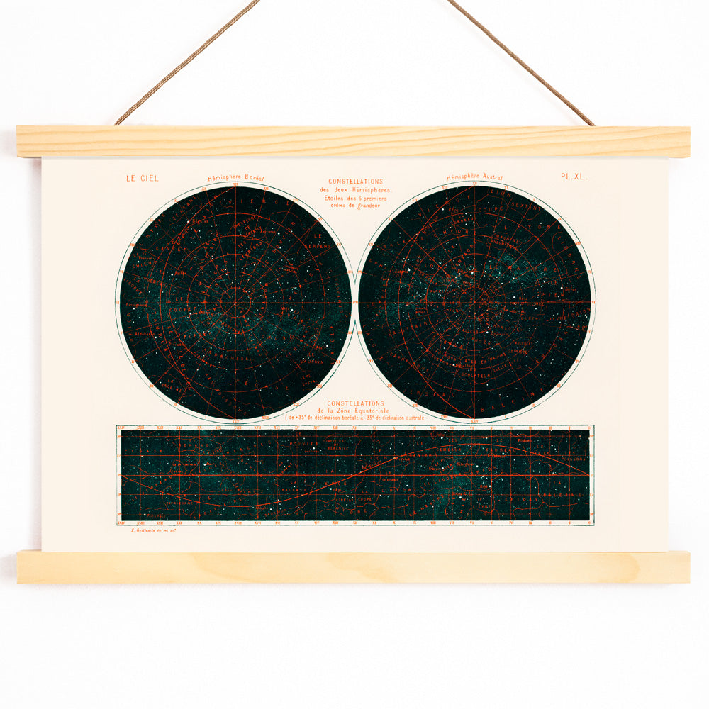 Celestial chart and poster of the two hemispheres night sky by Guillemin Amédée showing Constellations of the Two Hemispheres star maps, with wooden magnetic frame on white background