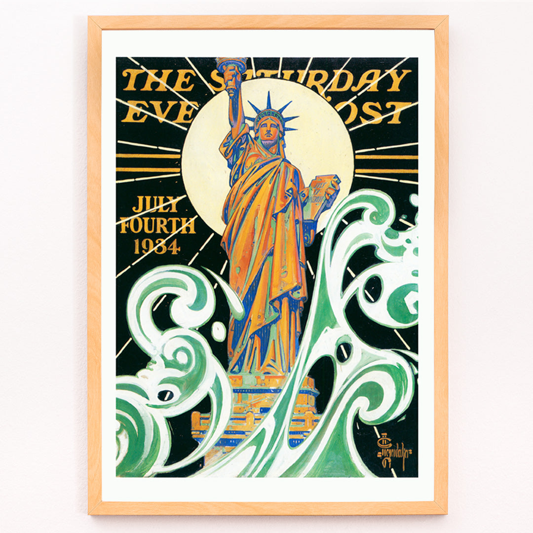 Closeup detail of Colorful Statue of Liberty artwork with bold waves and sunburst by J C Leyendecker poster titled Statue of Liberty