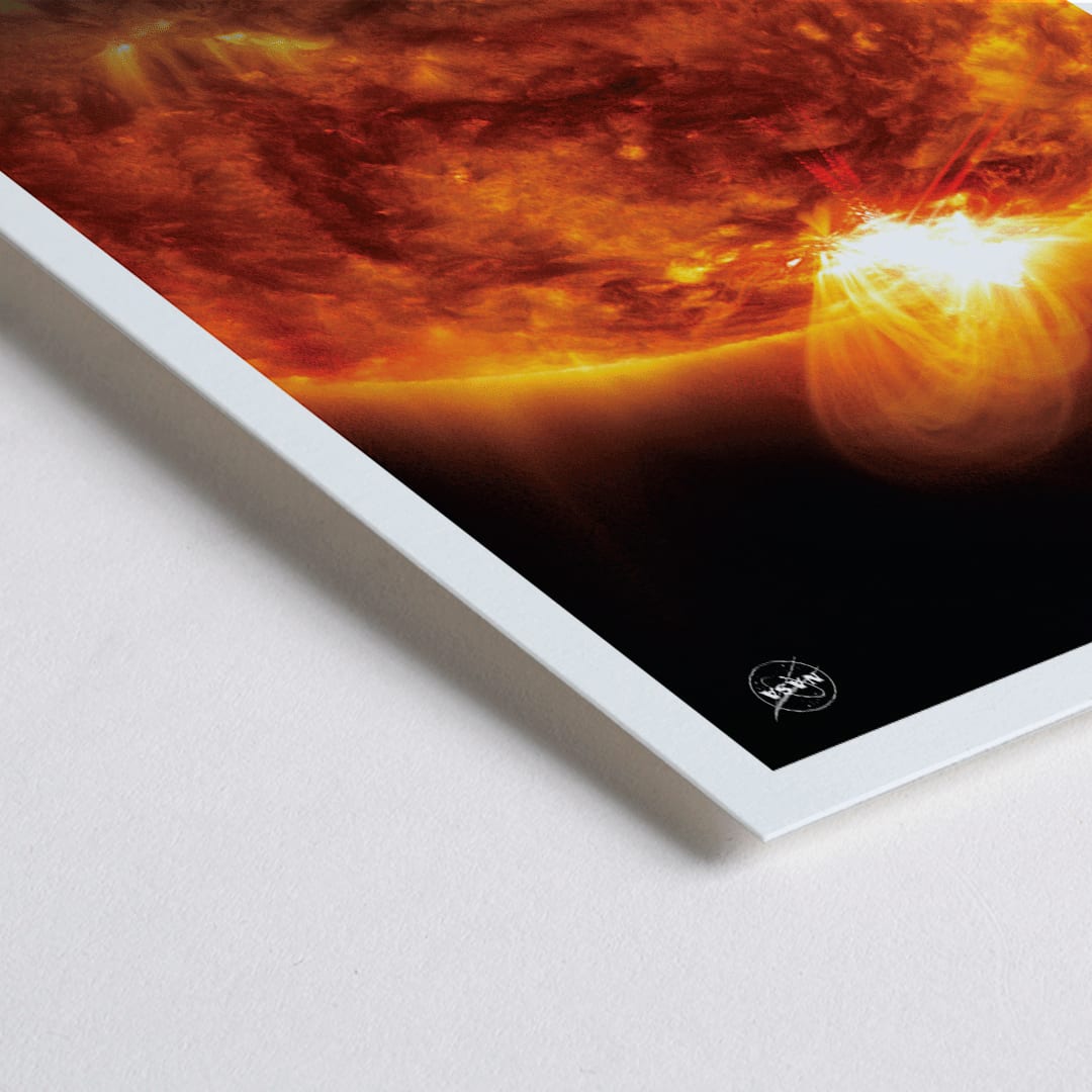 Closeup detail of Vibrant NASA artwork of the Sun with solar flares titled The Sun 1 fiery depiction and poster
