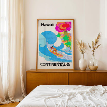 Colorful surfing scene artwork promoting Hawaii by Continental Airline featuring a surfer riding a vibrant wave titled Surf, framed and displayed in modern living room decor