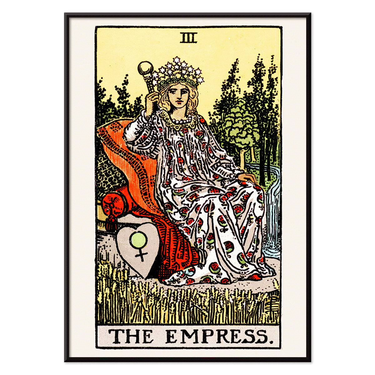 The Empress Tarot card by Rider Waite featuring a crowned woman seated on a throne in a lush natural setting holding a scepter with a crown of stars, with black aluminium frame on white background