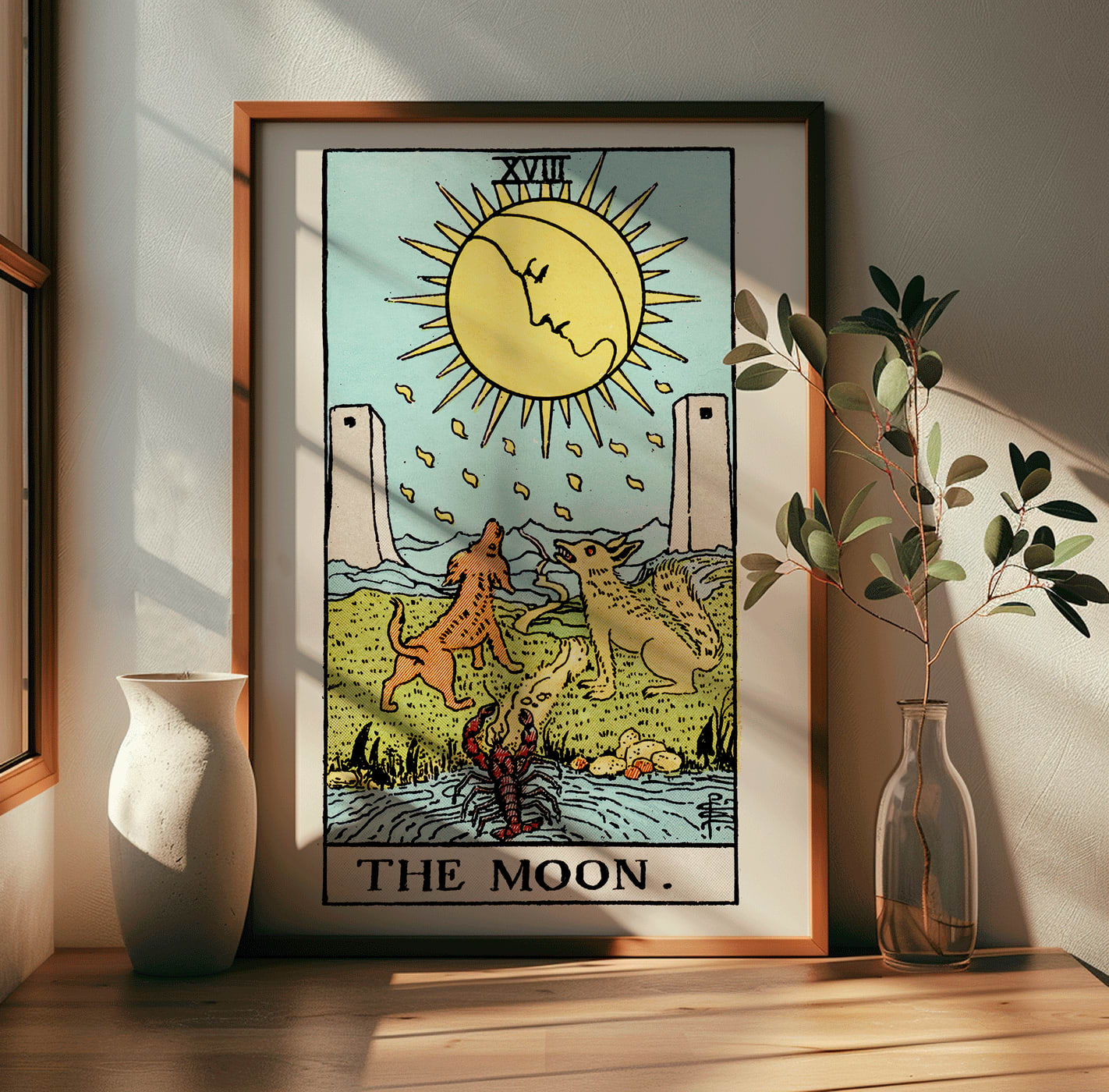 Tarot The Moon by Rider Waite poster featuring celestial moon two towers two dogs and a crayfish in a mystical landscape, framed and displayed in modern living room decor