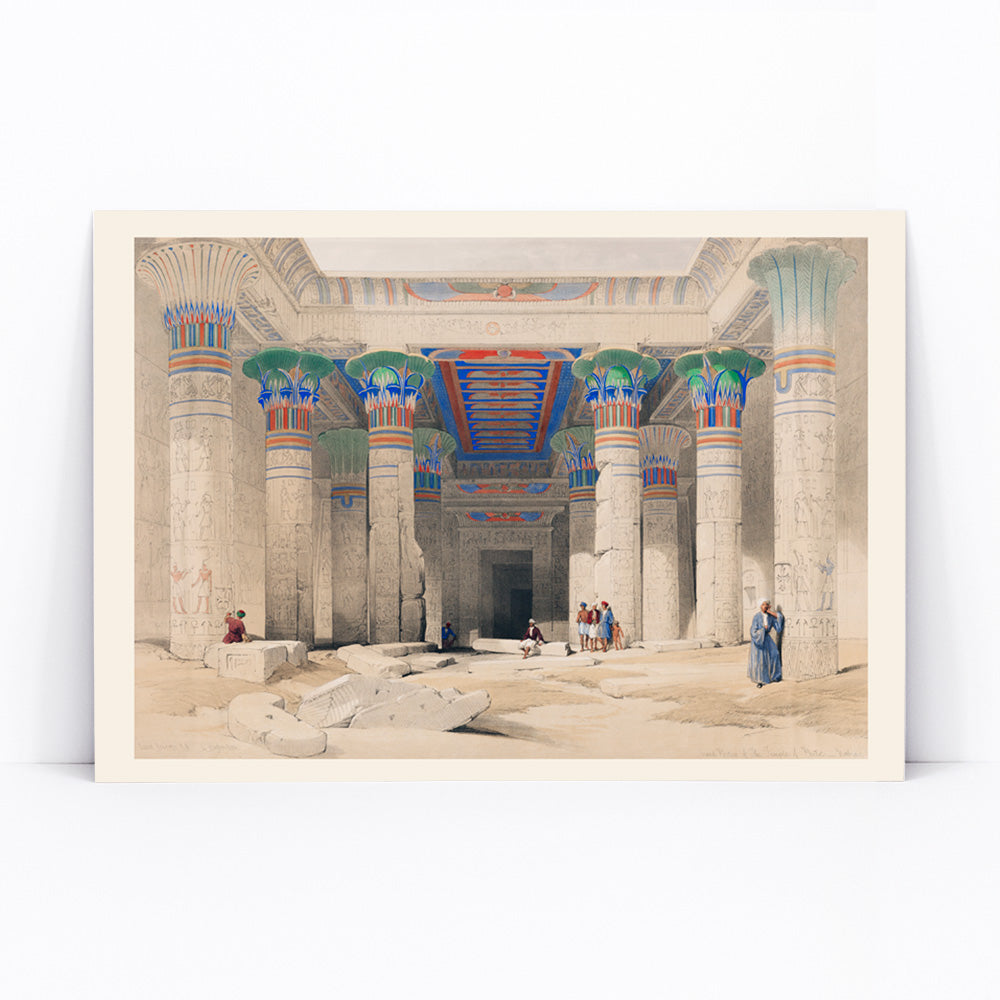 Colorful columns ancient ruins and Egyptian temple pillars with people in Grand Portico of the Temple of Philae by David Roberts, framed and displayed in modern living room decor