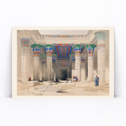 Colorful columns ancient ruins and Egyptian temple pillars with people in Grand Portico of the Temple of Philae by David Roberts, framed and displayed in modern living room decor