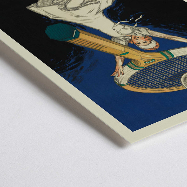 Closeup detail of Jean dYlen Dunlop The Ball of Champions poster with leaping tennis player giant racket and ball in bold blue and black