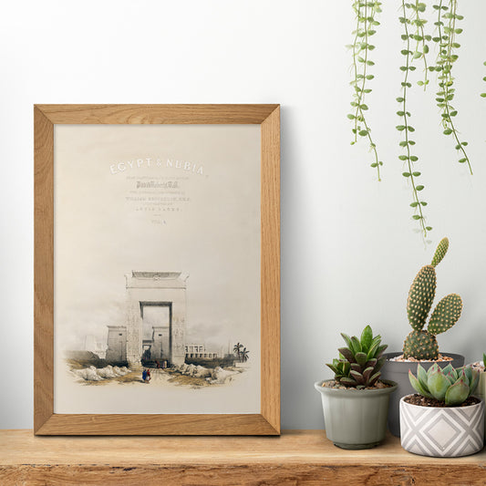 Ancient Egyptian gateway and Great gateway at Temple of Karnak Thebes with hieroglyphs people and ruins artwork by David Roberts, framed and displayed in home decor