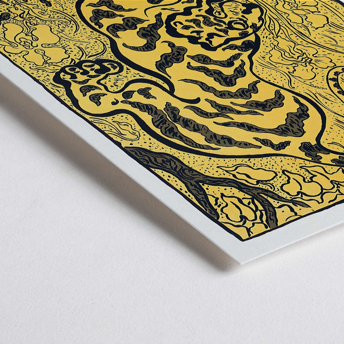 Closeup detail of Tiger in the Jungle by Paul Ranson stylized illustration and poster of a tiger prowling through dense jungle foliage