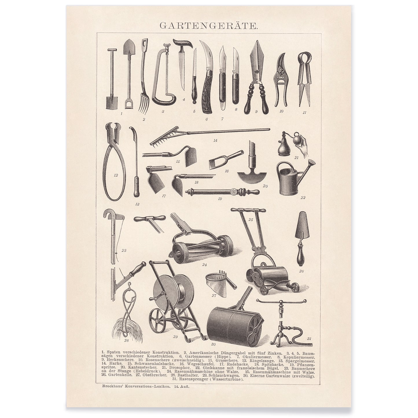 Vintage gardening tools illustration and poster lineup by Bibliographic institute of Liepzig Gartengeräte, with black aluminium frame on white background