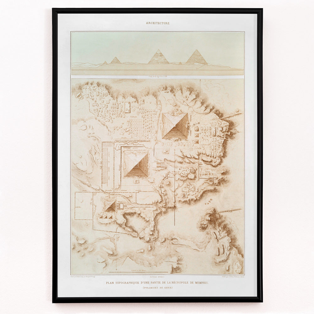 Closeup detail of Topographic map of the Giza pyramids and Memphite Necropolis by Emile Prisse dAvennes from Histoire de lart egyptien
