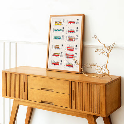 Vintage Barcelona bus and tram ticket illustrations poster Billetes Bus Barcelona artwork, framed and displayed in home decor