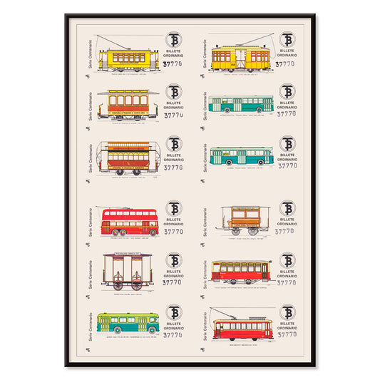 Vintage Barcelona bus and tram tickets poster with colorful illustrations from Compania de Tranvia de Barcelona Billetes de Bus de Barcelona, with black aluminium frame on white background