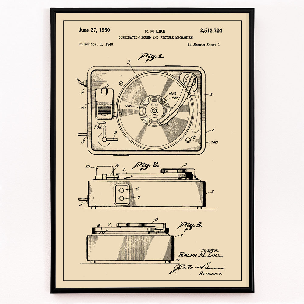 Closeup detail of Vintage turntable patent illustration and technical drawing poster by R M Like ideal music lover decor