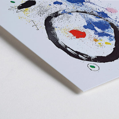 Closeup detail of Twilights Ring exhibition poster inspired by Joan Miro featuring abstract artwork with bold colors and shapes