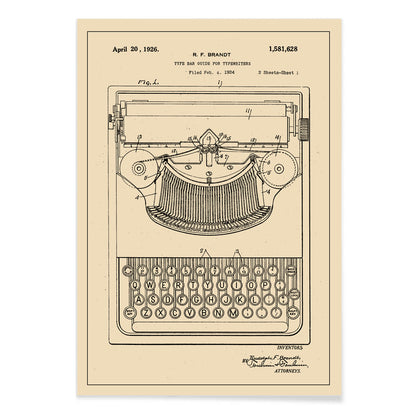 Vintage typewriter patent illustration by R F Brandt with technical details and drawing, with black aluminium frame on white background
