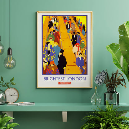Colorful crowds on London Underground escalators artwork Brightest London by Horace Taylor poster, framed and displayed in home decor
