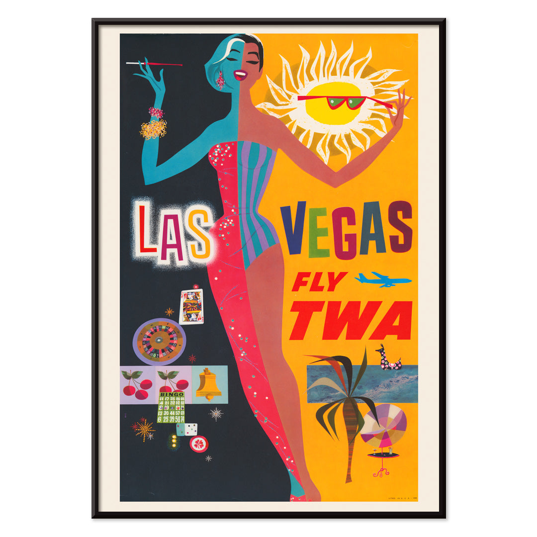 Colorful vintage Las Vegas travel poster by David Klein featuring showgirl stylish woman sun and casino imagery promoting Las Vegas fly TWA, with black aluminium frame on white background