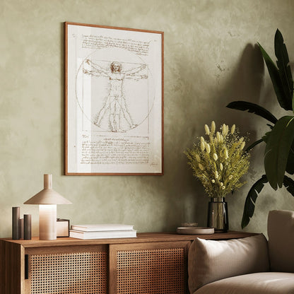 Vitruvian Man by Leonardo da Vinci human figure anatomical study with outstretched arms and legs inside circle and square geometric shapes artwork poster, framed and displayed in home decor