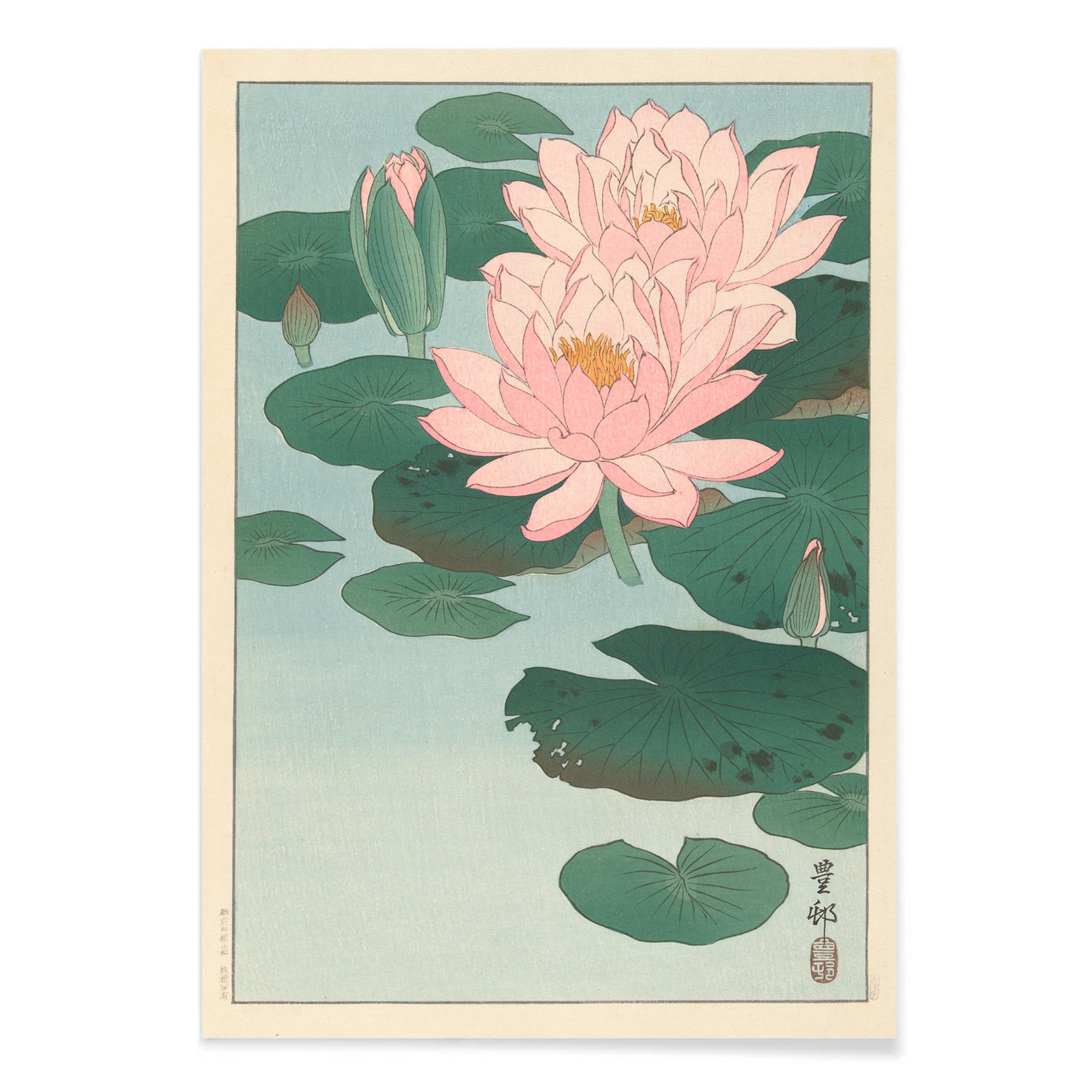Poster of pink water lilies and green lily pads on calm pond from Flowering Water Lily by Ohara Koson, with black aluminium frame on white background