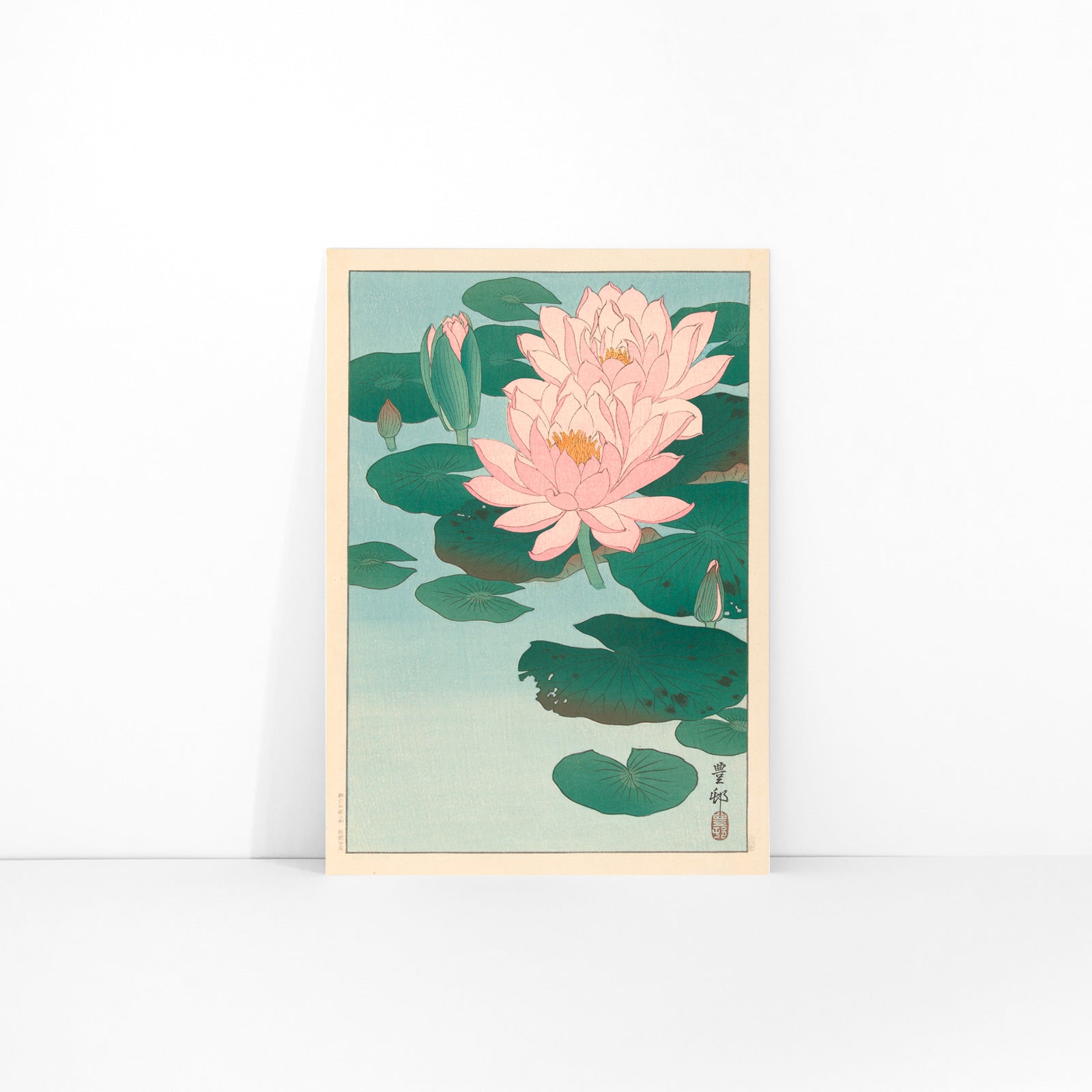 Poster of pink water lilies and green lily pads on calm pond from Flowering Water Lily by Ohara Koson, framed and displayed in modern living room decor