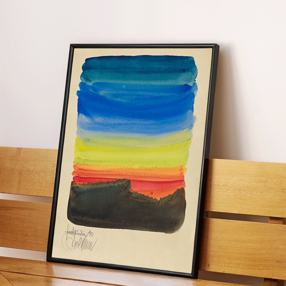 Abstract watercolor landscape poster by Karl Wiener Farbstudien 10 Blätter X featuring vibrant blue yellow red and black horizontal brushstrokes, framed and displayed in modern living room decor