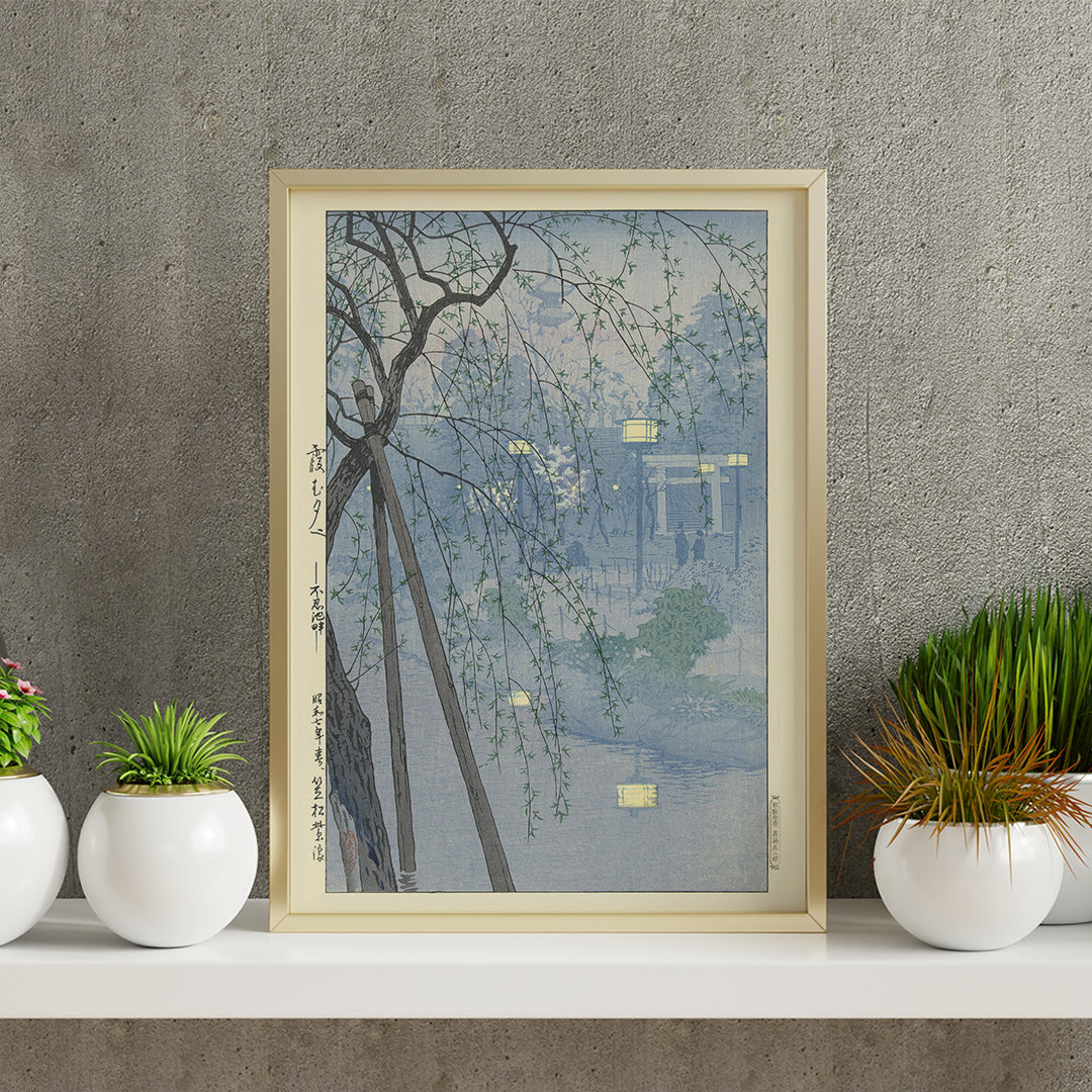 Tranquil view of willow branches over Shinobazu pond at dusk in misty blue tones by Kasamatsu Shiro, framed and displayed in home decor