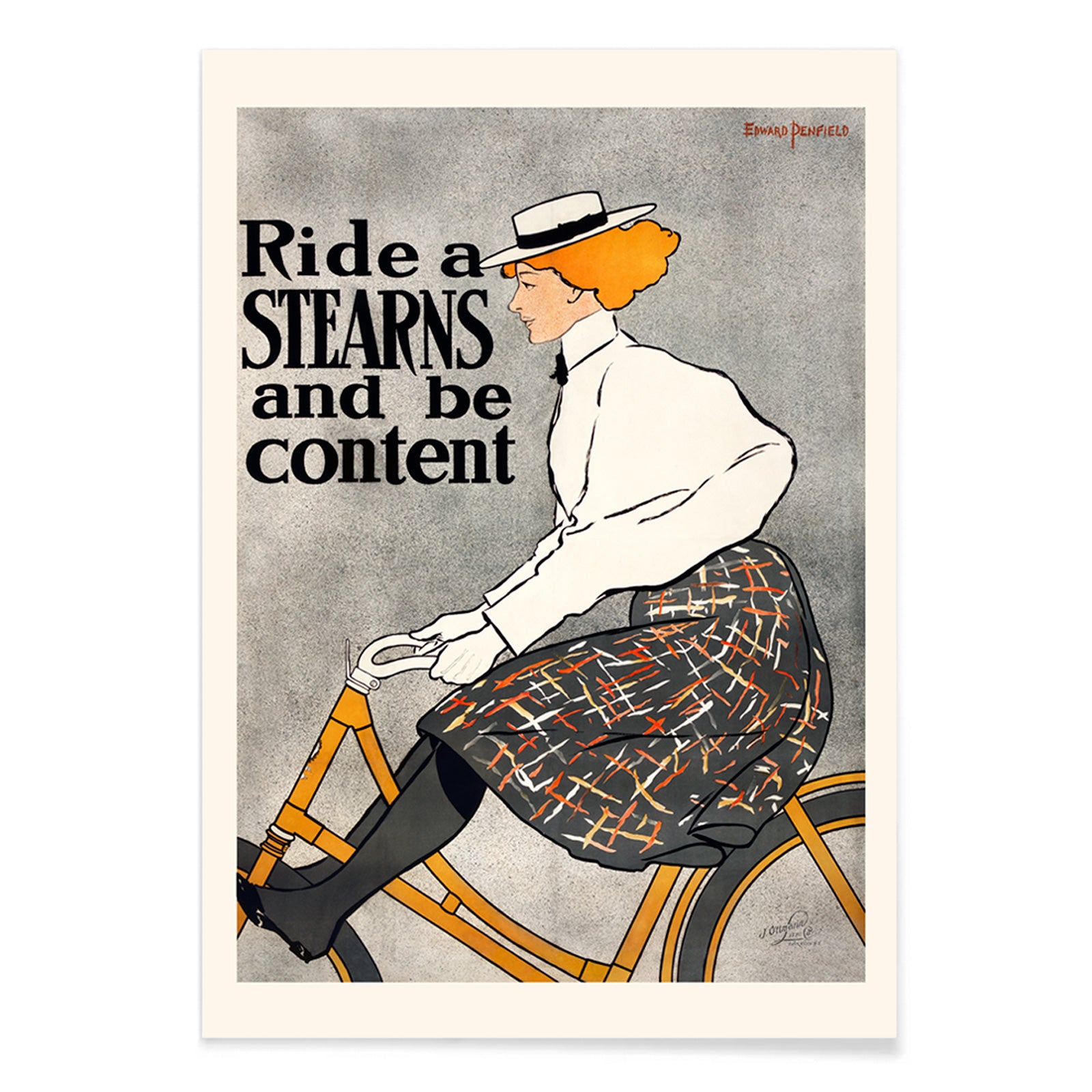 Vintage poster of a woman riding a bicycle with the text Ride a Stearns and be content by Edward Penfield artwork, with black aluminium frame on white background