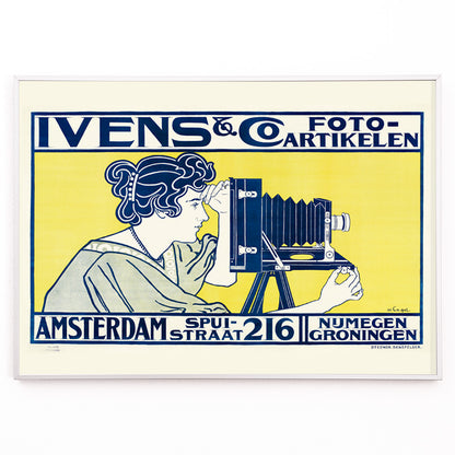 Closeup detail of Art nouveau poster of woman using vintage camera at Ivens and Co Camera Shop by Johann Georg van Caspel