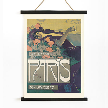 Reclining woman in a field with flowers smoking and advertising Cigarrillos Paris vintage poster artwork by Aleardo Villa, with wooden magnetic frame on white background