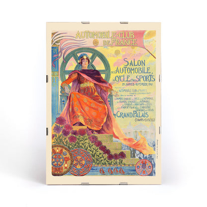 Art Nouveau poster of a regal woman with vibrant colors gears and flowers by Georges Antoine Rochegrosse for Automobile Club De France, framed and displayed in modern living room decor