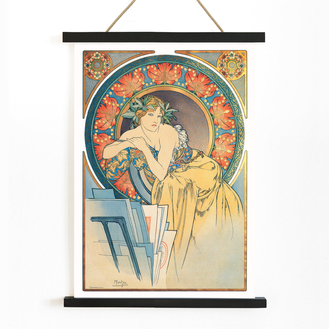 Art Nouveau woman with poppies by Alphonse Mucha vintage illustration poster, with wooden magnetic frame on white background