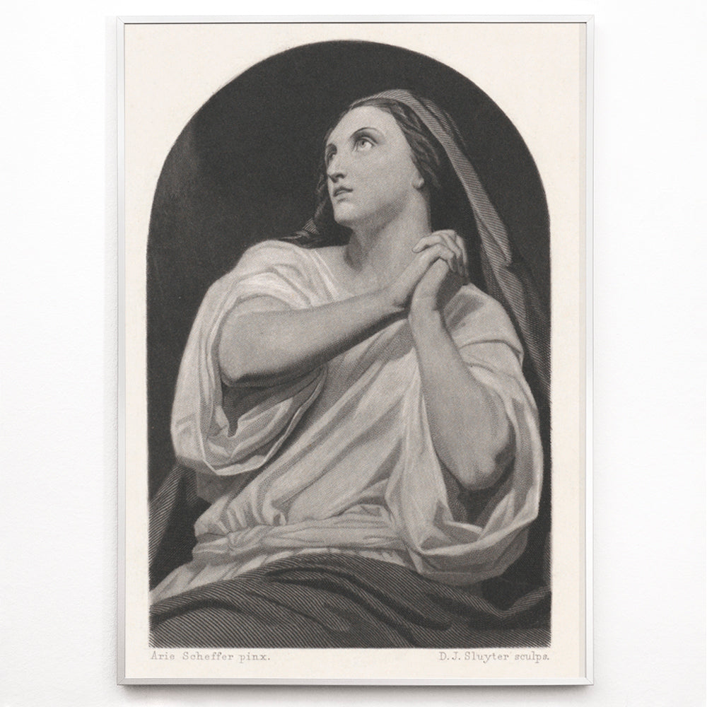 Closeup detail of Black and white artwork of a praying woman with folded hands and serene expression by Dirk Jurriaan Sluyter