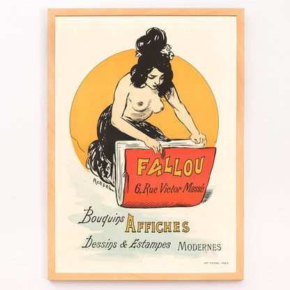 Closeup detail of Vintage poster for book and print shop Fallou in Paris by Auguste Roedel featuring a woman with dark hair reading a large red book and holding a colorful book