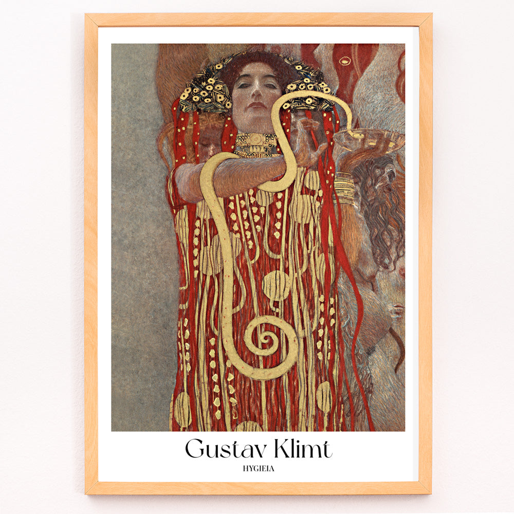 Closeup detail of Hygieia by Gustav Klimt woman in ornate red and gold robe holding a snake art poster