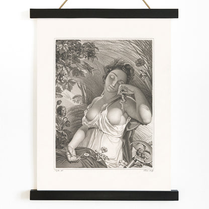 Sleeping Woman by Salvatore Tresca serene woman sleeping in a lush natural setting with flowers and wheat poster, with wooden magnetic frame on white background