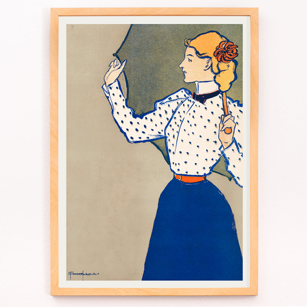 Closeup detail of Woman holding umbrella in vintage fashion polka dot blouse and blue skirt artwork by Edward Penfield