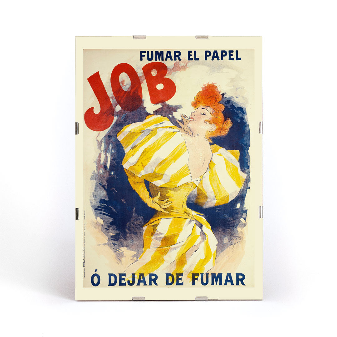 Vintage poster of a woman in a yellow striped dress with red hair advertising Fumar El Papel Job O Dejar De Fumar cigarette papers by Jules Cheret, framed and displayed in modern living room decor
