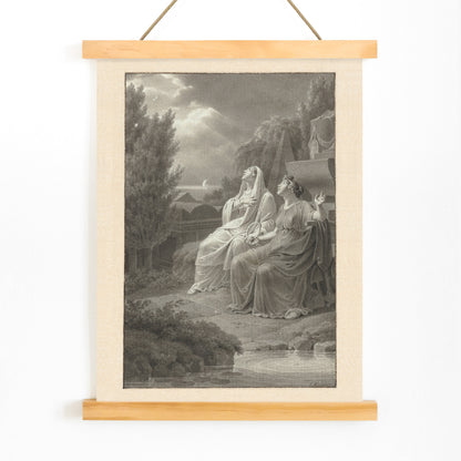 Two women in classical attire seated outdoors gazing at the night sky artwork by Jacques Kuyper, with wooden magnetic frame on white background
