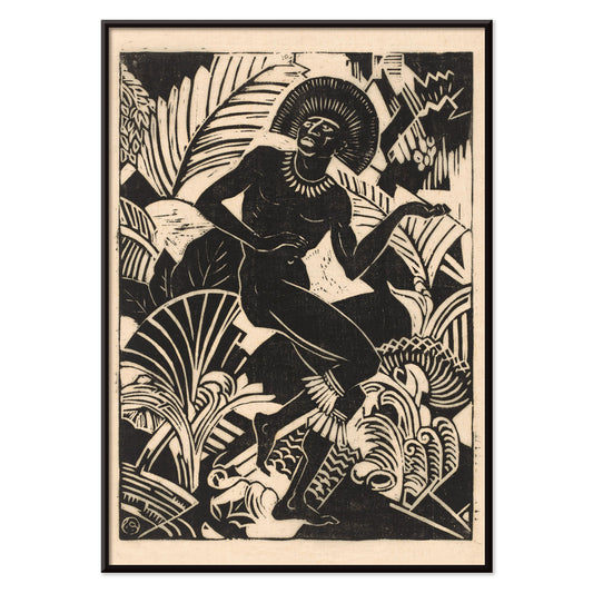 Black and white artwork and poster of a stylized dancing figure among bold jungle plants by Henri van der Stok Jager, with black aluminium frame on white background