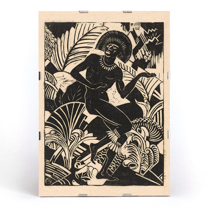 Black and white artwork and poster of a stylized dancing figure among bold jungle plants by Henri van der Stok Jager, framed and displayed in modern living room decor
