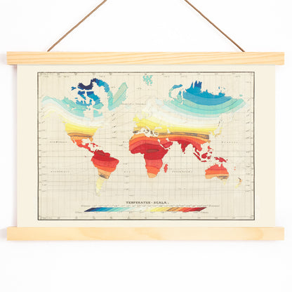 Colorful vintage world map of global climate and temperature zones by Wilhelm Ebel, with wooden magnetic frame on white background