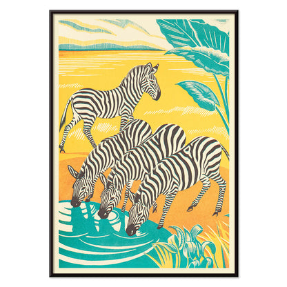 Zebras drinking at a waterhole in vibrant jungle scenery illustration by Clifford Webb from A Jungle Picnic Pl 25 Zebra poster, with black aluminium frame on white background