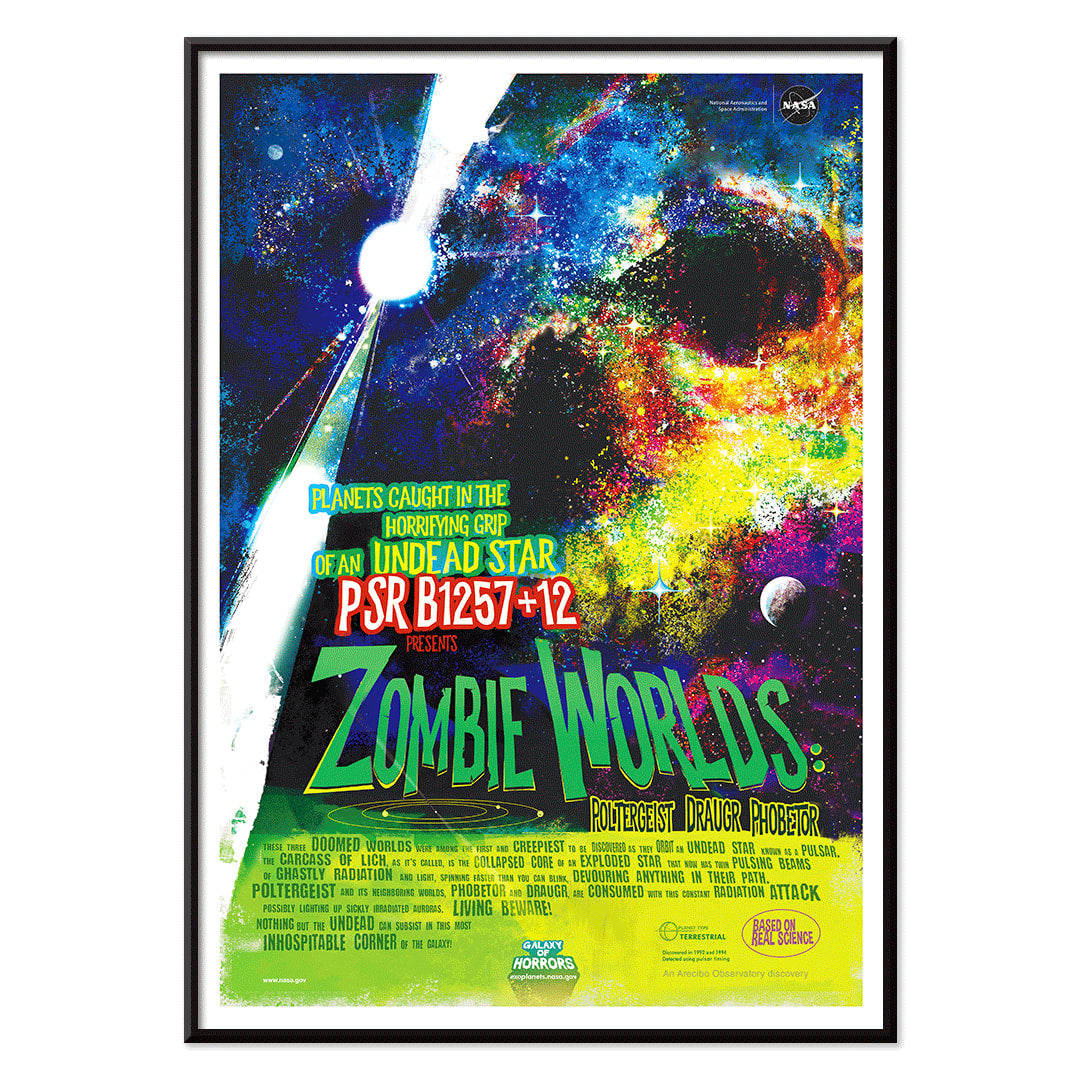Colorful cosmic-themed NASA artwork titled Zombie Worlds showing planets around an undead star with poster text in a vibrant space scene, with black aluminium frame on white background